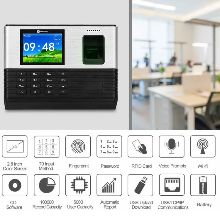 Realand AL355+指紋考勤機帶2.8英寸彩屏&ID卡功能&WiFi&門禁功能