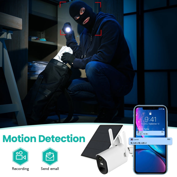 T20 1080P全高清太陽能WiFi攝像機，支持移動偵測，夜視，雙向音頻，TF卡