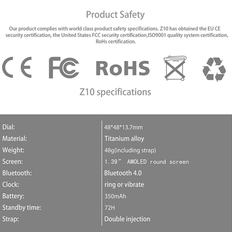 Z10 400*400 屏幕分辨率 AMOLED 1.39英寸显示屏智能手錶，IP54級防水，支持計步器/心率監測/GPS導航/信息提醒/電話提醒/遠程拍照/卡路里燃燒，支持安卓5.1版本