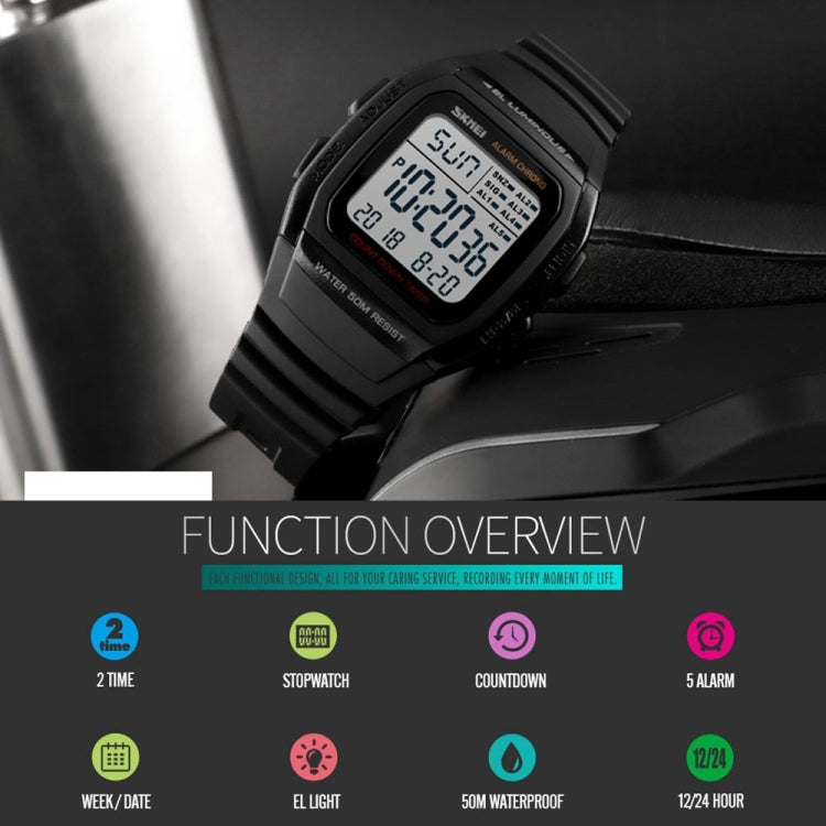 SKMEI 1278 Fashionable Outdoor 50m Waterproof Digital Watch Student Sports Wrist Watch Support 5 Group Alarm Clocks