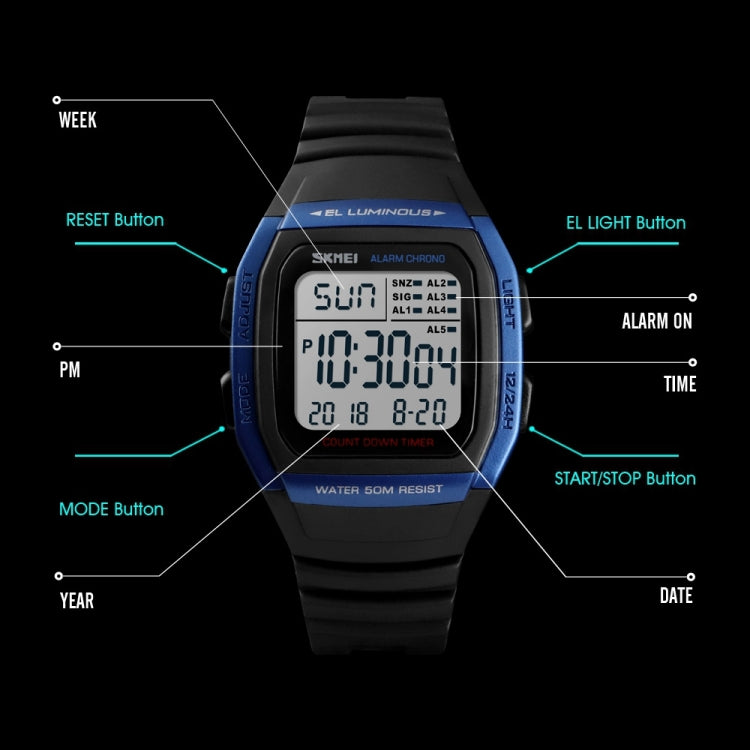 SKMEI 1278 Fashionable Outdoor 50m Waterproof Digital Watch Student Sports Wrist Watch Support 5 Group Alarm Clocks
