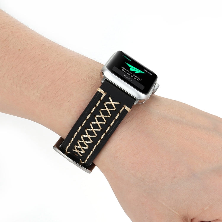 For Apple Watch Series 10 42mm / 9&8&7 41mm / SE 3&SE 2&6&SE&5&4 40mm / 3&2&1 38mm Manual Line Pattern Genuine Leather Wrist Watch Band