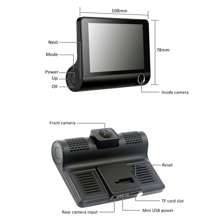 4英寸 三路高清1080P行車記錄儀 500萬像素 170度廣角夜視  支持夜視補光燈/倒車影像/TF卡/重力感應/移動偵測, 170 Degrees