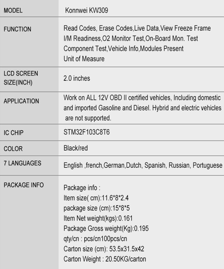 KONNWEI KW309 V309 V310 MS309 Code Reader OBD2 Scanner汽車故障掃描儀