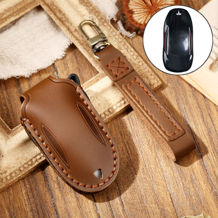 Hallmo Car Cowhide Leather Key Protective Cover Key Case for Tesla Model X B Style