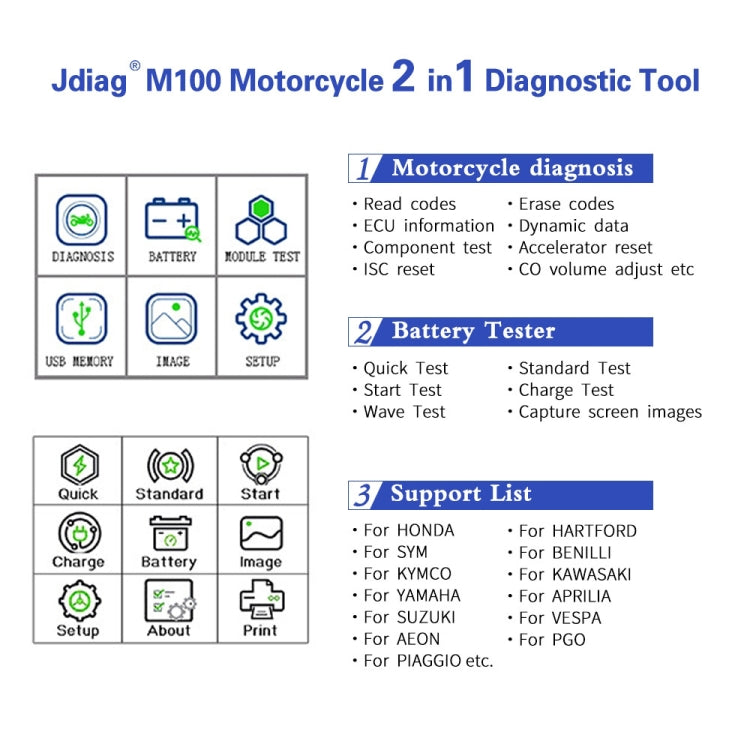JDiag M100 摩托車2合一OBD掃描儀 電池測試儀