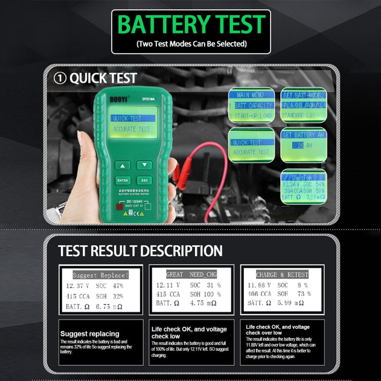 DUOYI DY219A 汽車12V / 24V数字蓄電池分析器 故障診斷器
