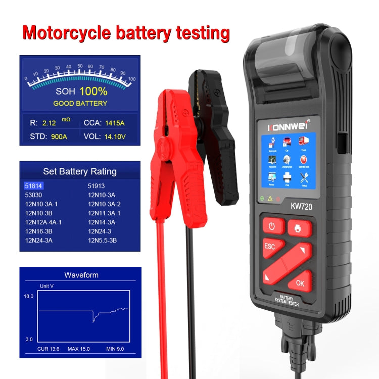KONNWEI KW720 汽車3.2寸6V-24V鉛酸電池檢測儀 帶打印機