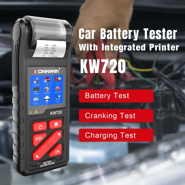 KONNWEI KW720 汽車3.2寸6V-24V鉛酸電池檢測儀 帶打印機