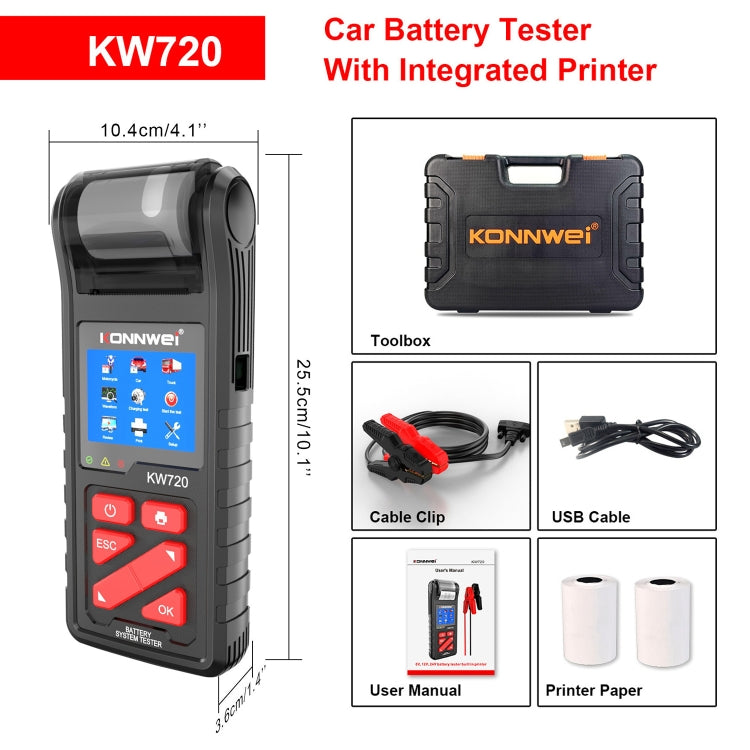 KONNWEI KW720 汽車3.2寸6V-24V鉛酸電池檢測儀 帶打印機