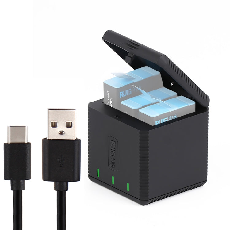RUIGPRO 收納式三充充電器帶USB線 LED指示燈 適用於適用於GoPro HERO9 Black / HERO10 Black
