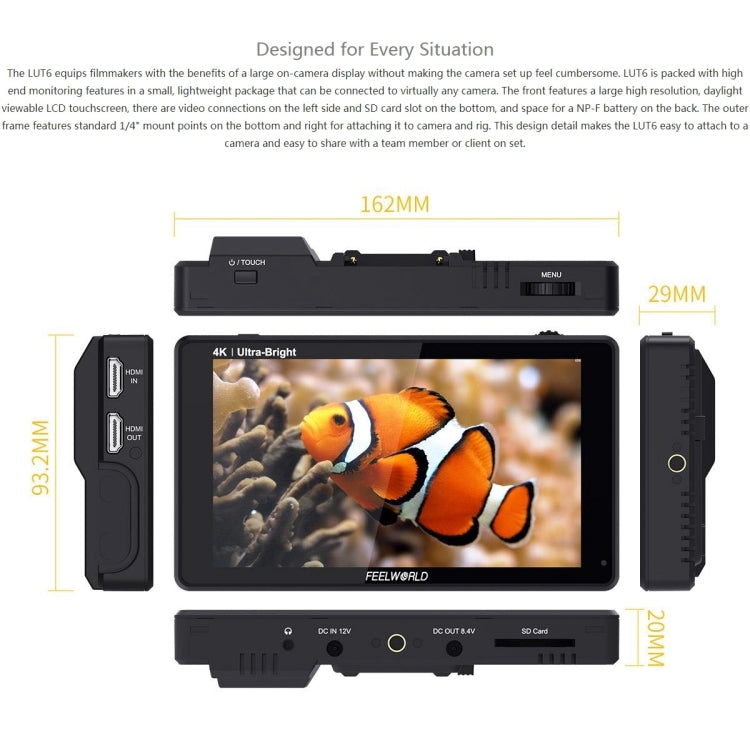 富威德 LUT6 1920x1080 2600 nits 6英寸IPS屏 觸控HDMI 4K攝影監視器