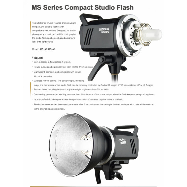 Godox MS300 Studio Flash Light 300Ws Bowens Mount Studio Speedlight with Cover, MS300