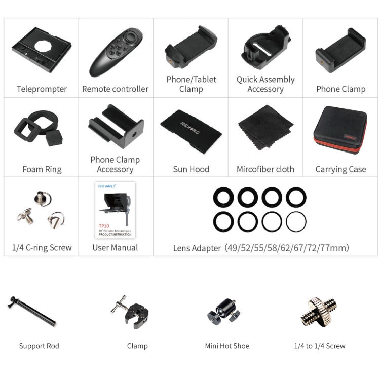 富威德 TP10 便攜式提詞器帶藍牙遙控器&鏡頭轉接環 適用於10英寸以下手機/平板