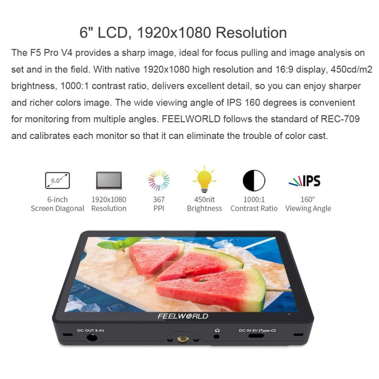 富威德FEELWORLD F5 Pro V4  6英寸觸摸單反微單4K監視器3D LUT監看HDMI輸入/輸出 IPS全高清1920x1080 電源輸出接口