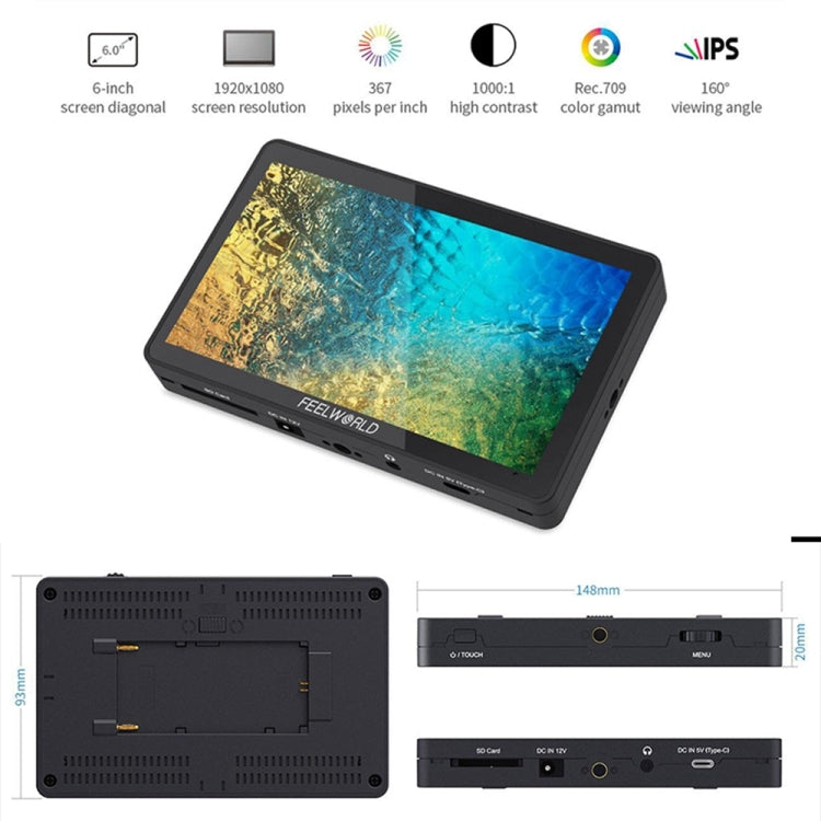 富威德FEELWORLD F6 PLUS V2 6寸3D LUT 觸摸4K監視器 HDMI輸入/輸出 IPS全高清1920x1080 傾斜式支架