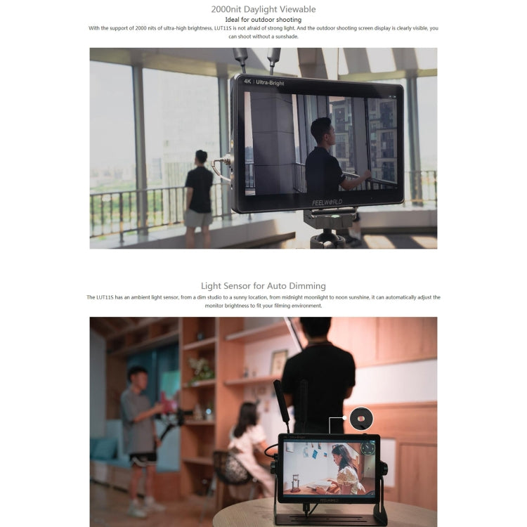 富威德FEELWORLD LUT11S 10.1寸 超高亮2000nits 3D LUT 攝影監視器 導演攝影助理監視器3G-SDI 4K HDMI輸入輸出 1920X1200 IPS屏