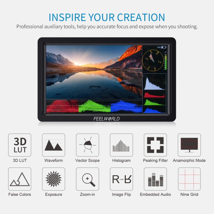 FEELWORLD FW568S 6寸攝影監視器3D LUT F970外掛供電套件 導演攝影助理監視器3G-SDI 4K HDMI輸入輸出