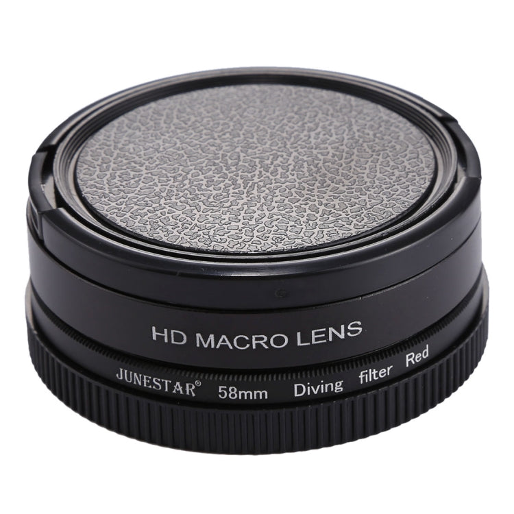 JSR 58mm 16X Macro Lens + Red Diving Lens Filter with Lens Cover + Lens Filter Ring Adapter + String + Cleaning Cloth for GoPro HERO6 /5 Dive Housing