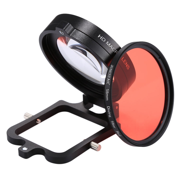 JSR 58mm 16X Macro Lens + Red Diving Lens Filter with Lens Cover + Lens Filter Ring Adapter + String + Cleaning Cloth for GoPro HERO6 /5 Dive Housing
