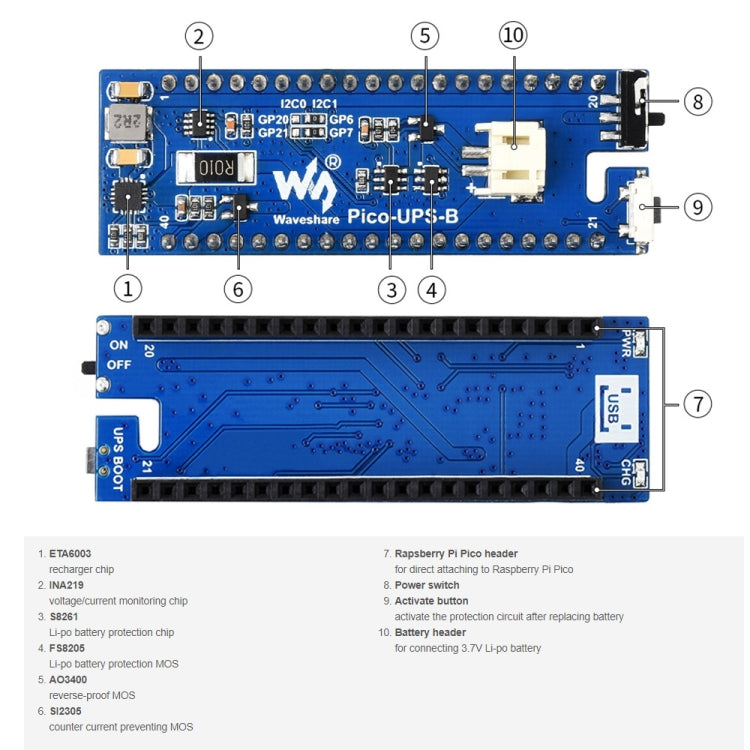 Waveshar 適用於Raspberry Pi Pico UPS不間斷電源擴展板 600mAh鋰電池模塊 20121