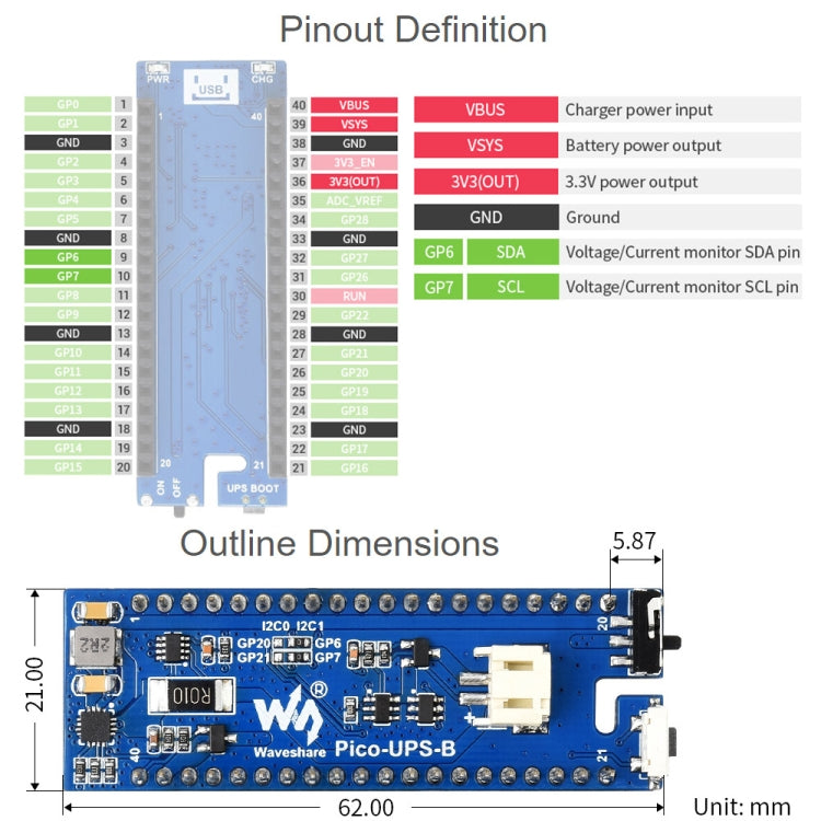 Waveshar 適用於Raspberry Pi Pico UPS不間斷電源擴展板 600mAh鋰電池模塊 20121