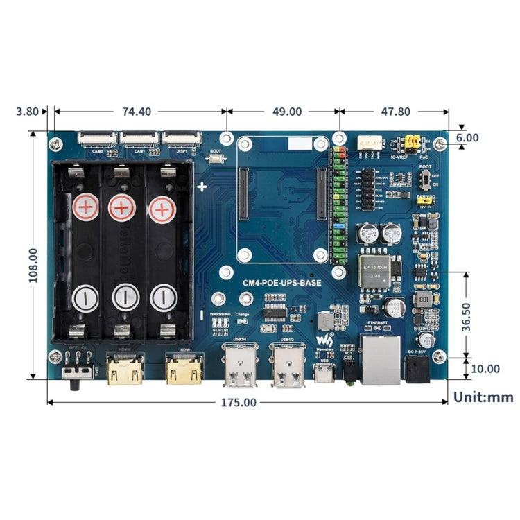 Waveshare  PoE UPS 基板，適用於 Raspberry Pi CM4、千兆以太網、雙 HDMI、四路 USB2.0 22116
