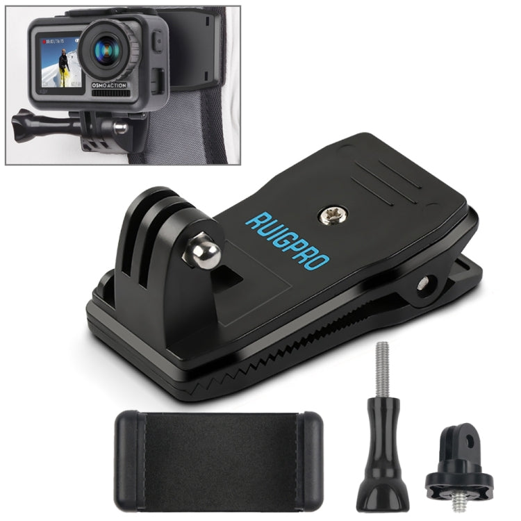 RUIGPRO 360 Degree Rotation Backpack Rec-Mounts Clip Clamp Mount + Phone Clamp for GoPro, Insta360, DJI and Other Action Cameras