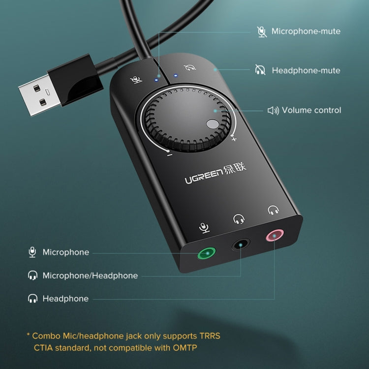 綠聯 CM109 USB轉3個3.5mm插孔電腦外置聲卡帶音量調節輪盤，線長：15cm