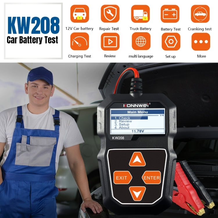 KONNWEI KW208 汽車TFT彩屏電池檢測儀 支持8國語言