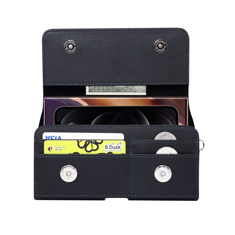 PU皮荔枝紋背夾扣上下開橫套掛腰包 帶卡槽和15cm手繩 適用於 6.7英寸手機通用