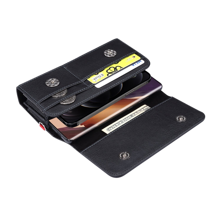 PU皮荔枝紋背夾扣上下開橫套掛腰包 帶卡槽和15cm手繩 適用於 6.7英寸手機通用