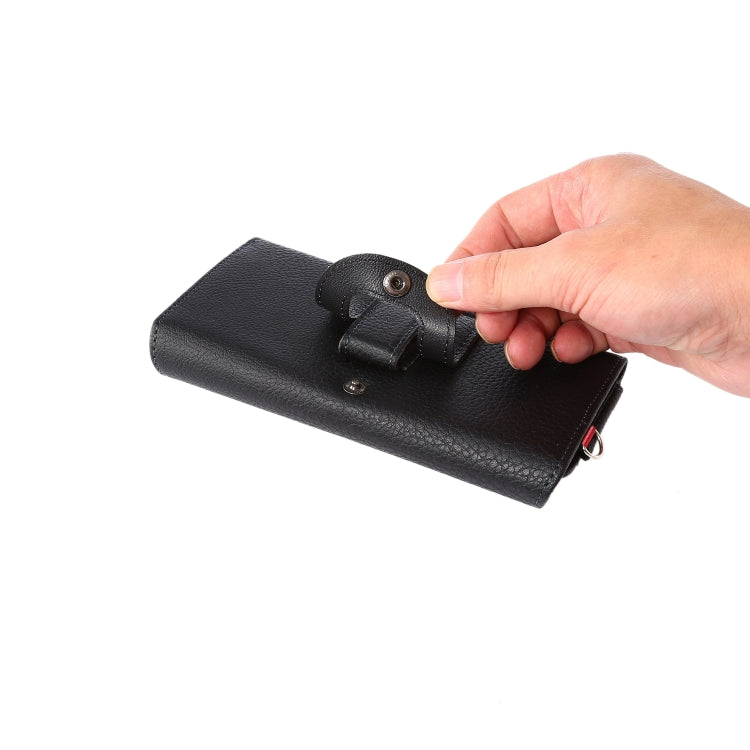 PU皮荔枝紋背夾扣上下開橫套掛腰包 帶卡槽和15cm手繩 適用於 6.7英寸手機通用