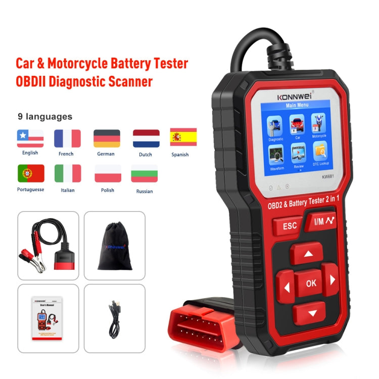 KONNWEI KW681 汽車2.4寸TFT彩屏OBD故障診斷儀+6V-12V電池檢測儀 支持9國語言