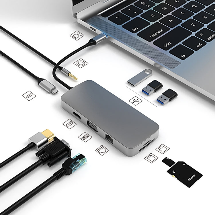 BL10V 10合一 Type-C轉RJ45+VGA+HDMI+3.5mm AUX+SD/TF卡槽+PD Type-C+USB3.0+2個USB 2.0接口 擴展塢集線器