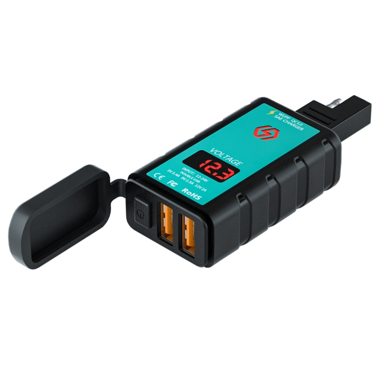WUPP ZH-1422A1 DC12-24V 摩托車方形雙USB快充充電器 帶開關+電壓表+一體式SAE插口