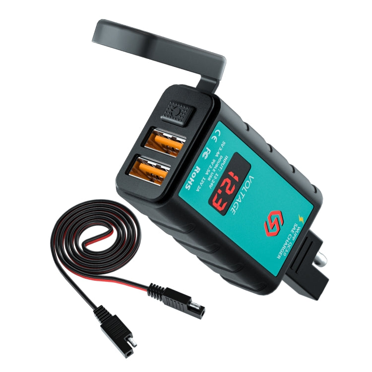 WUPP ZH-1422A2 DC12-24V 摩托車方形雙USB快充充電器 帶開關+電壓表+一體式SAE插口+1米SAE插口連接線