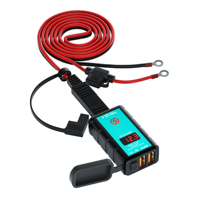 WUPP ZH-1422A3 DC12-24V 摩托車方形雙USB快充充電器 帶開關+電壓表+一體式SAE插口+1.4米OT端子連接線