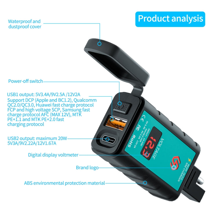 WUPP ZH-1422B1 DC12-24V 方形單USB+PD快充充電器 帶開關+電壓表+一體式SAE插口