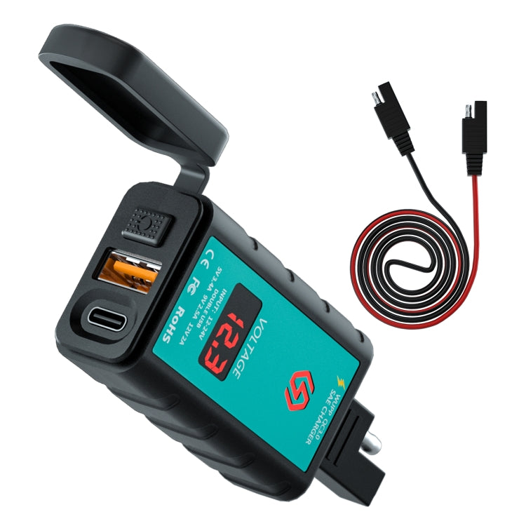 WUPP ZH-1422B2 DC12-24V 方形單USB+PD快充充電器 帶開關+電壓表+一體式SAE插口+1米SAE插口連接線