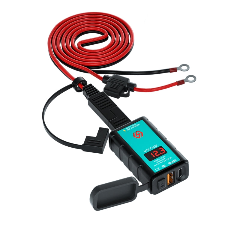 WUPP ZH-1422B3 DC12-24V 方形單USB+PD快充充電器 帶開關+電壓表+一體式SAE插口+1.4米OT端子連接線