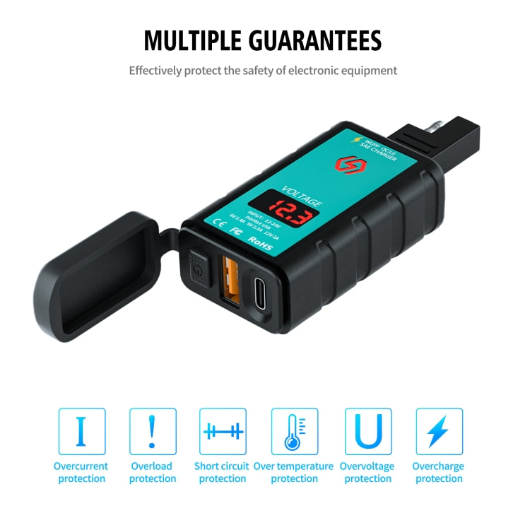 WUPP ZH-1422B3 DC12-24V 方形單USB+PD快充充電器 帶開關+電壓表+一體式SAE插口+1.4米OT端子連接線
