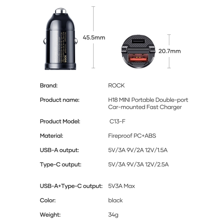 ROCK C13-F H18 Mini 雙口USB+Type-C 車載快速充電器