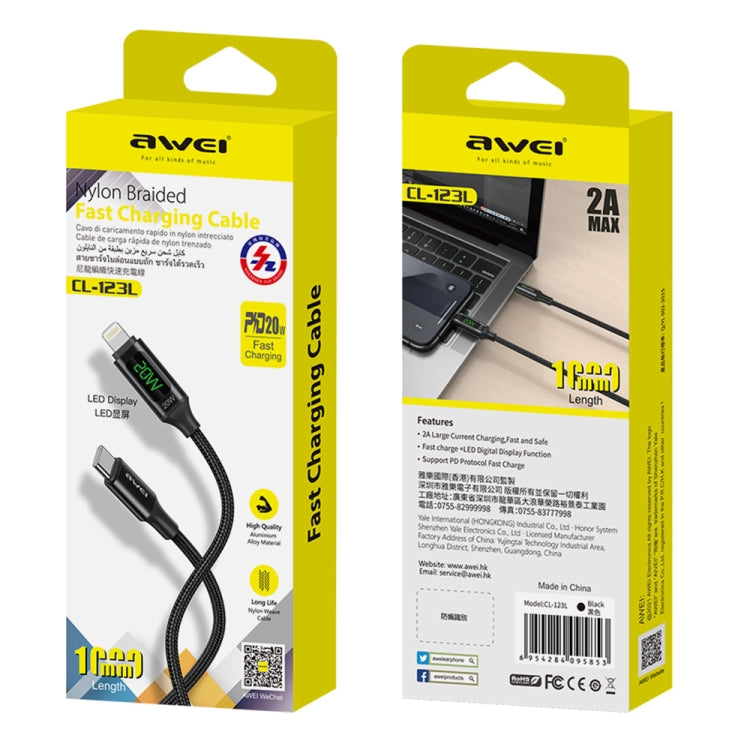 awei CL-123L 1米 Type-C 轉 8Pin 數顯快充線, CL-123L