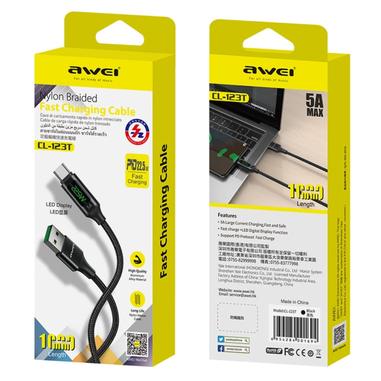 awei CL-123L 1米 USB 轉 Type-C 數顯快充線, CL-123T