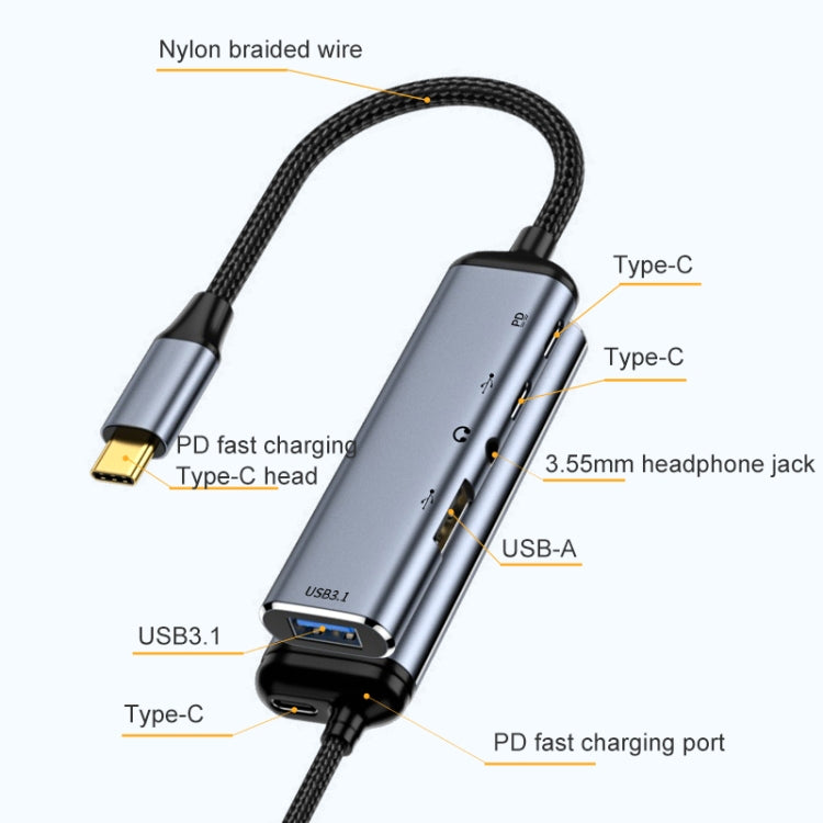 Y003 五合一 Type-C轉USB3.1+USB2.0+雙Type-C+3.5mm音頻接口 多功能轉接器