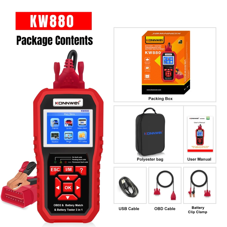 KONNWE KW880 三合一 汽車OBD2故障診斷儀+電池檢測儀+電池匹配重置