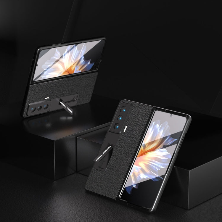 殼膜一體真皮荔枝紋手機保護殼帶支架, For Honor Magic Vs