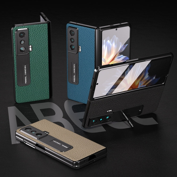 殼膜一體真皮荔枝紋手機保護殼帶支架, For Honor Magic Vs