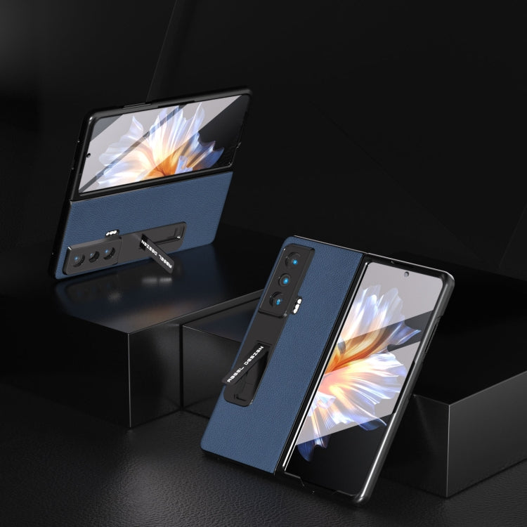 殼膜一體真皮+PC荔枝紋手機保護殼帶支架, For Honor Magic Vs